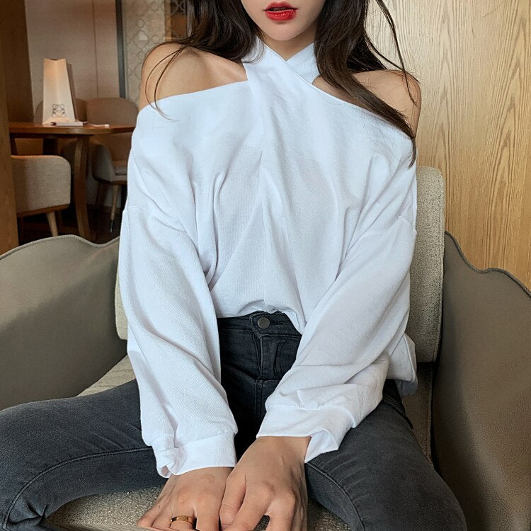 Cross Neck Lantern Sleeve Cropped Shirt