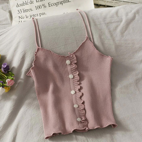 Sexy Solid Ruffle Knitted Slim Tank Top