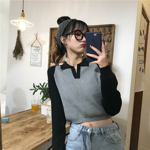 Long Sleeve Turn Down Collar Knitted Crop Slim Sweater