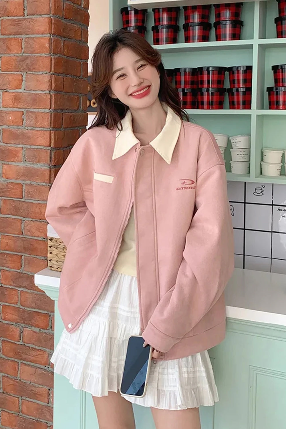 Long Sleeve Faux Suede Pink Elegant Jacket
