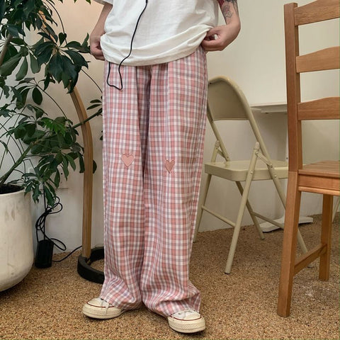 Casual Plaid with Heart Loose Pants