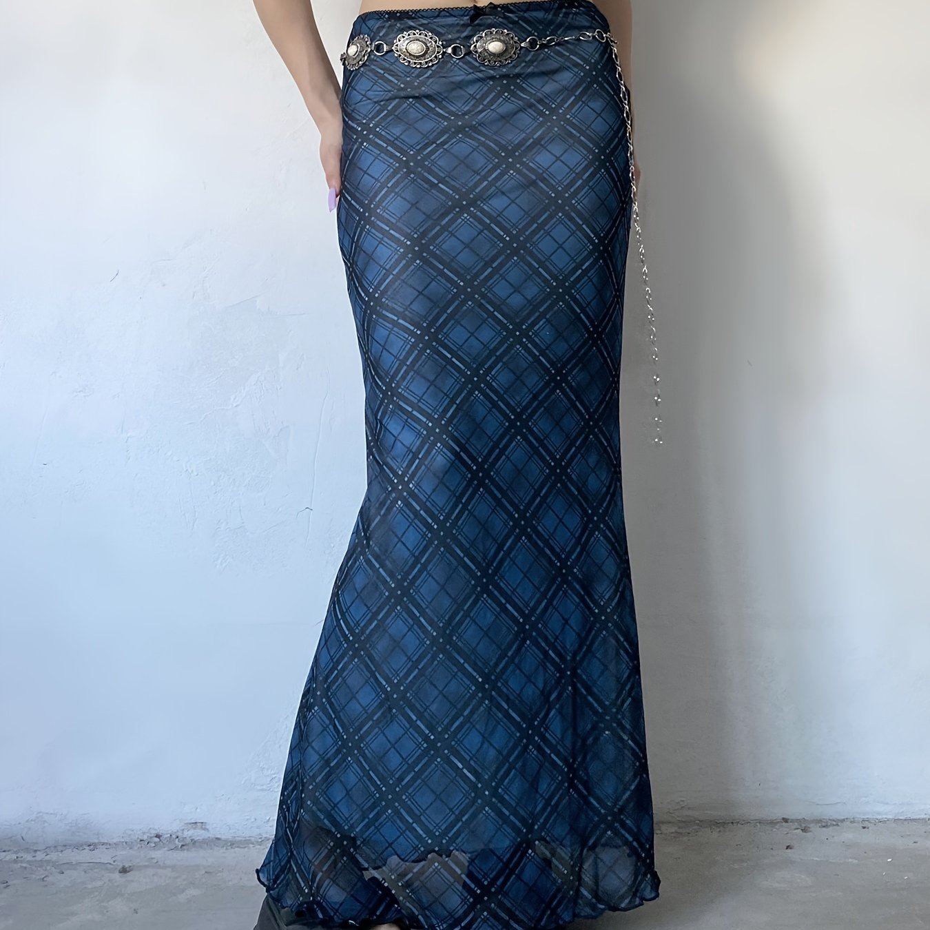 Y2K-Inspired Vintage Plaid Mesh Maxi Skirt with Bow Detail - Stretchy & Machine Washable, Elegant Two-Layer Design for Women