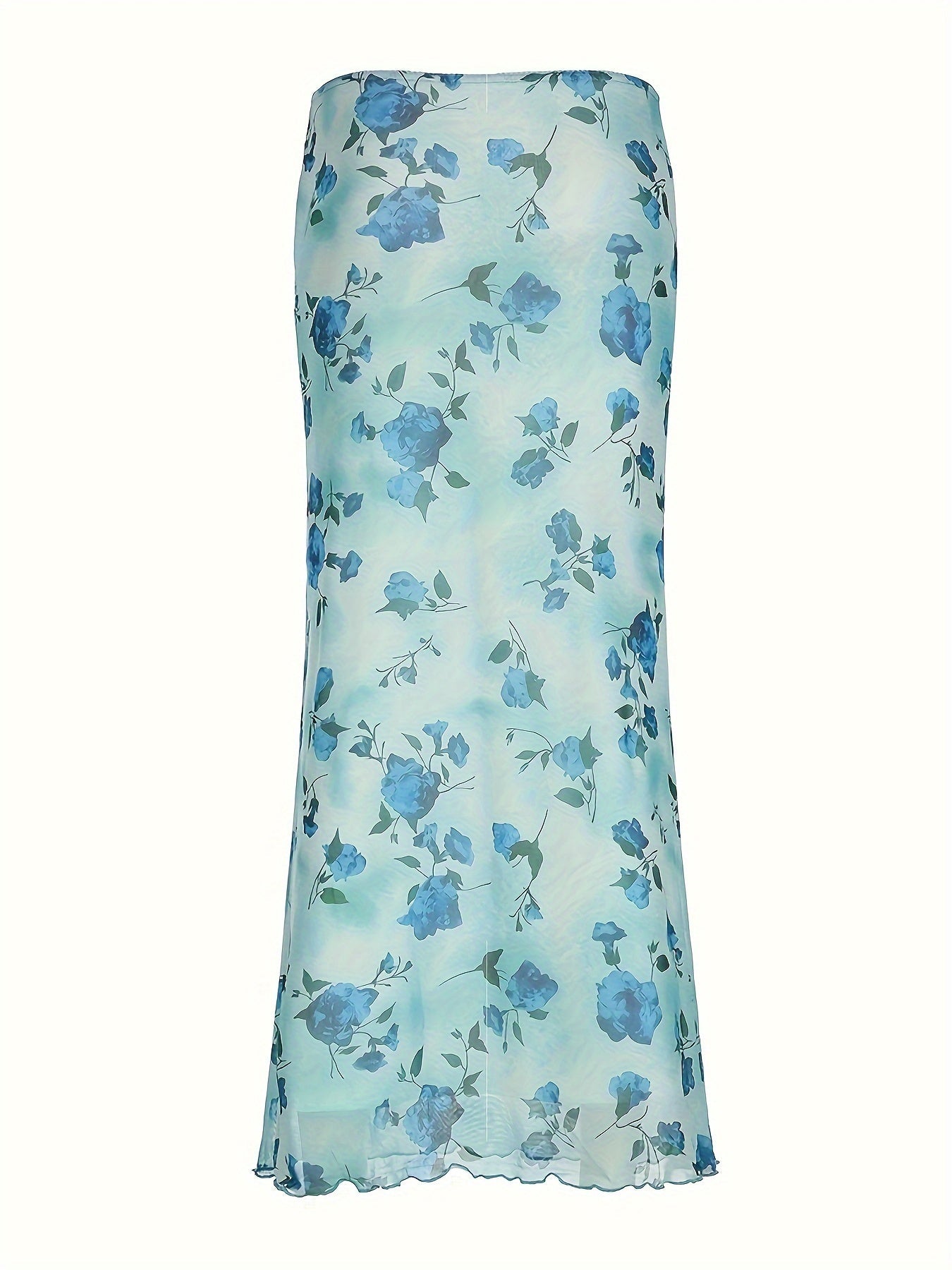 Vintage Floral Print Mesh Long Skirt with Bow - Retro Y2K Aesthetic - - Polyester Blend - Knit Fabric - Seasonal All Year Round - Exclusive Collection