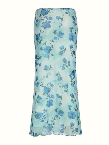 Vintage Floral Print Mesh Long Skirt with Bow - Retro Y2K Aesthetic - - Polyester Blend - Knit Fabric - Seasonal All Year Round - Exclusive Collection