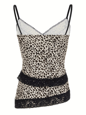 Y2K Leopard Print Cami Top with Lace Trim and Bow Detail, V-Neck, Polyester Blend - Stylish Tank