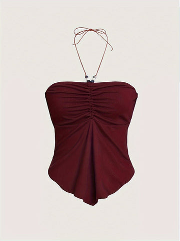 Solid Color Stretchy Polyester Blend Halter Neck Top - Y2K-Inspired Beaded Detail, Perfect for All Seasons