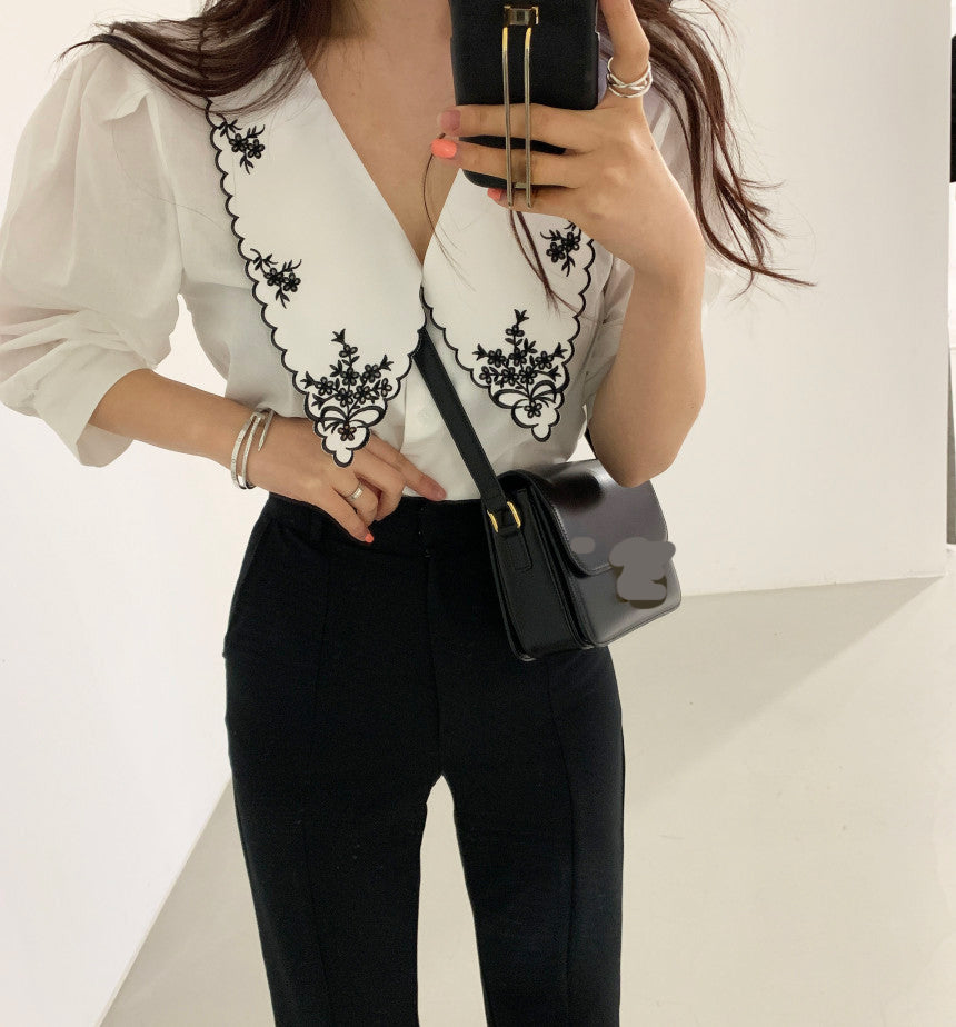Elegant Floral Embroidered Retro Collar Blouse Shirt