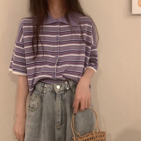 Short Sleeve Striped Colors Collar Shirt