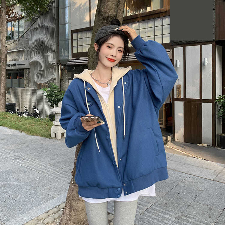 Loose Hooded Fake Two Pieces Simple Baseball Jackets