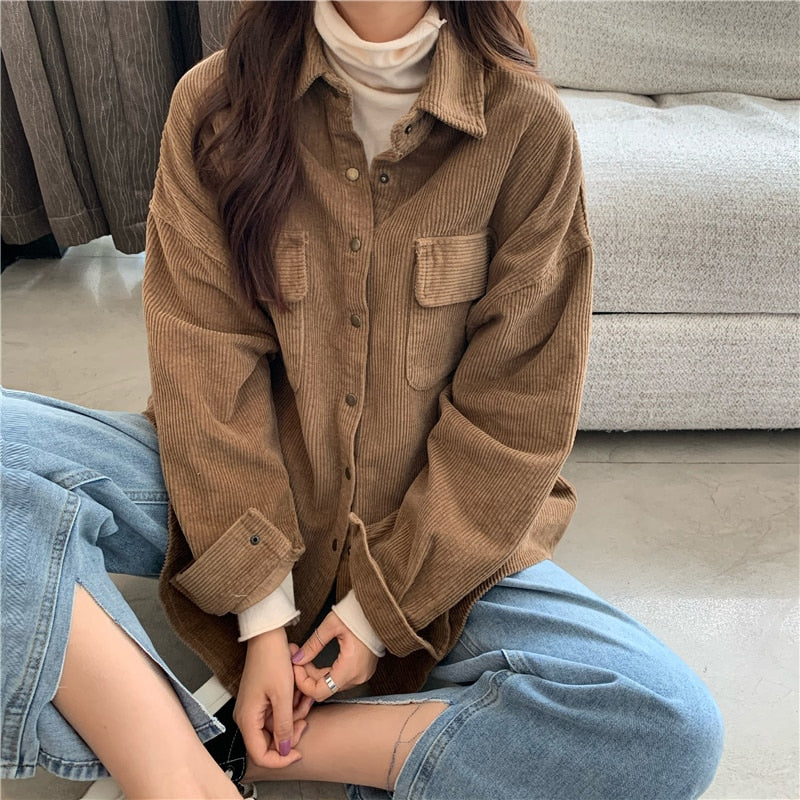 Long Sleeve Pockets Corduroy Loose Shirt