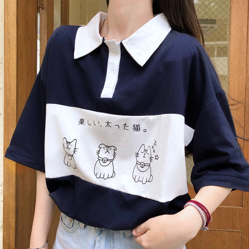 Loose Cat Japanese Printed Collar Shirt