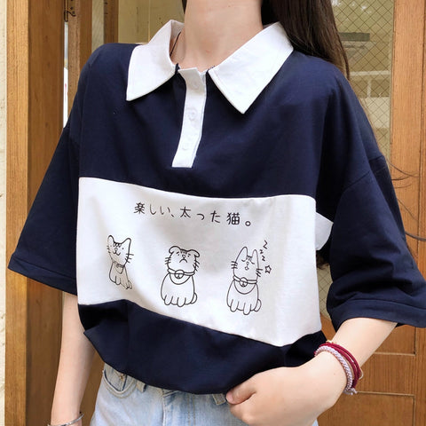 Loose Cat Japanese Printed Collar Shirt