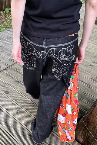 Loose Retro Back Embroidered Black Jeans Pants