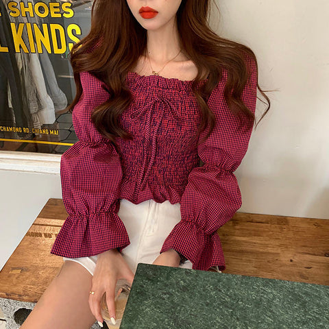 Long Sleeve Plaid Sexy Square Collar Bow Crop Tops