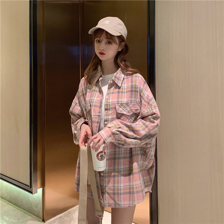 Loose Bat Sleeve Plaid Shirt