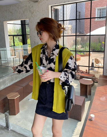 Long Sleeve Cow Printed Blouse Shirt