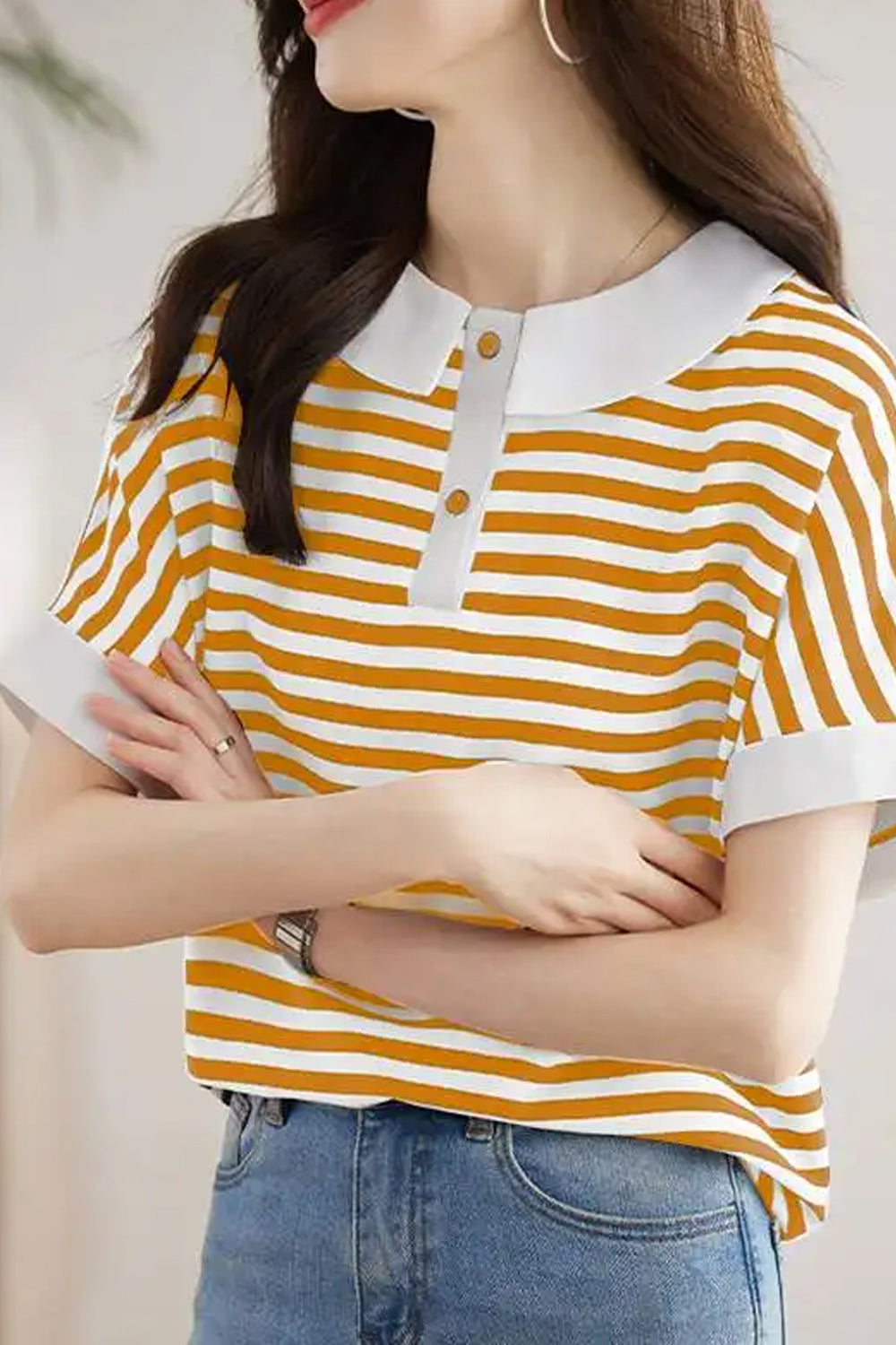 Retro Doll Collar Short Sleeve Striped Shirt