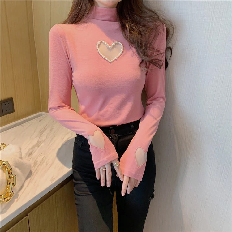 Pearl Heart Shaped Turtleneck Long Sleeve Sweater