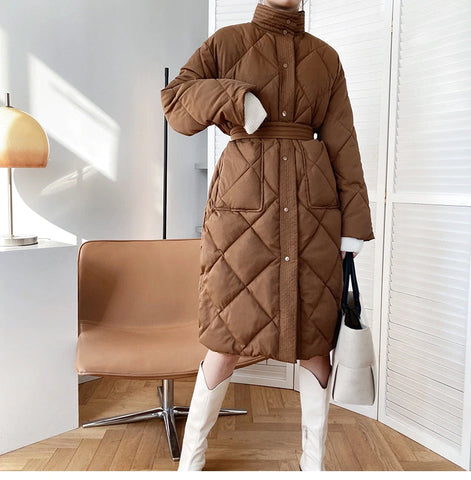 Casual Stand Collar Argyle Pattern Oversized Parka Jacket