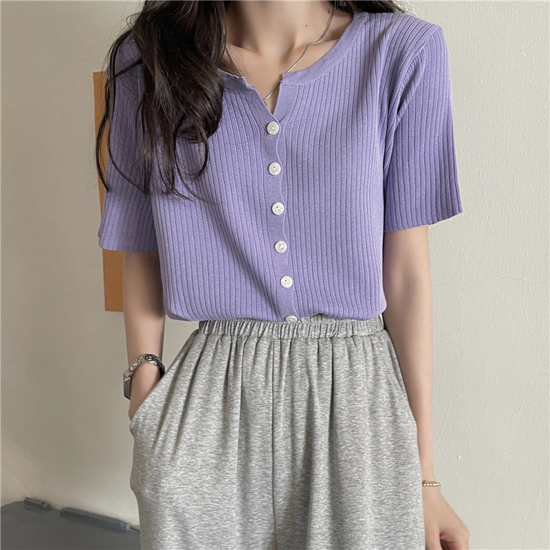 Short Sleeve Candy Colors Button Knitted Shirt