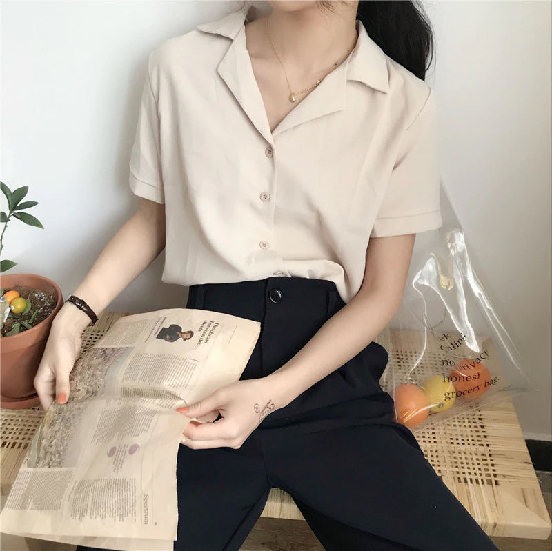 Notched Short Sleeve Blouse Shirt