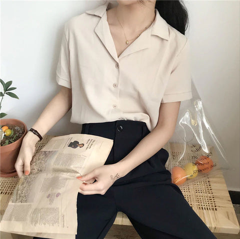 Notched Short Sleeve Blouse Shirt