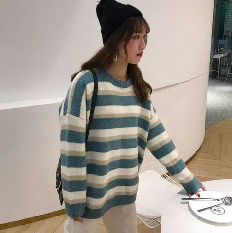 Loose Long Knitted Striped Sweater