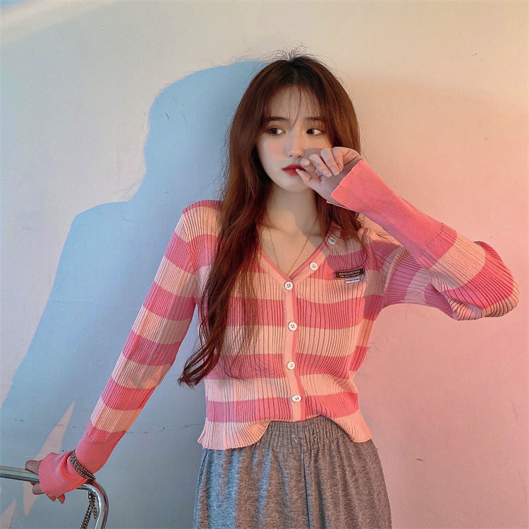 V-Neck Stripes Cropped Casual Cardigan Sweater