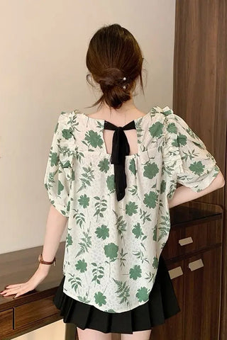 Vintage Floral Printed Backless Blouse Shirt
