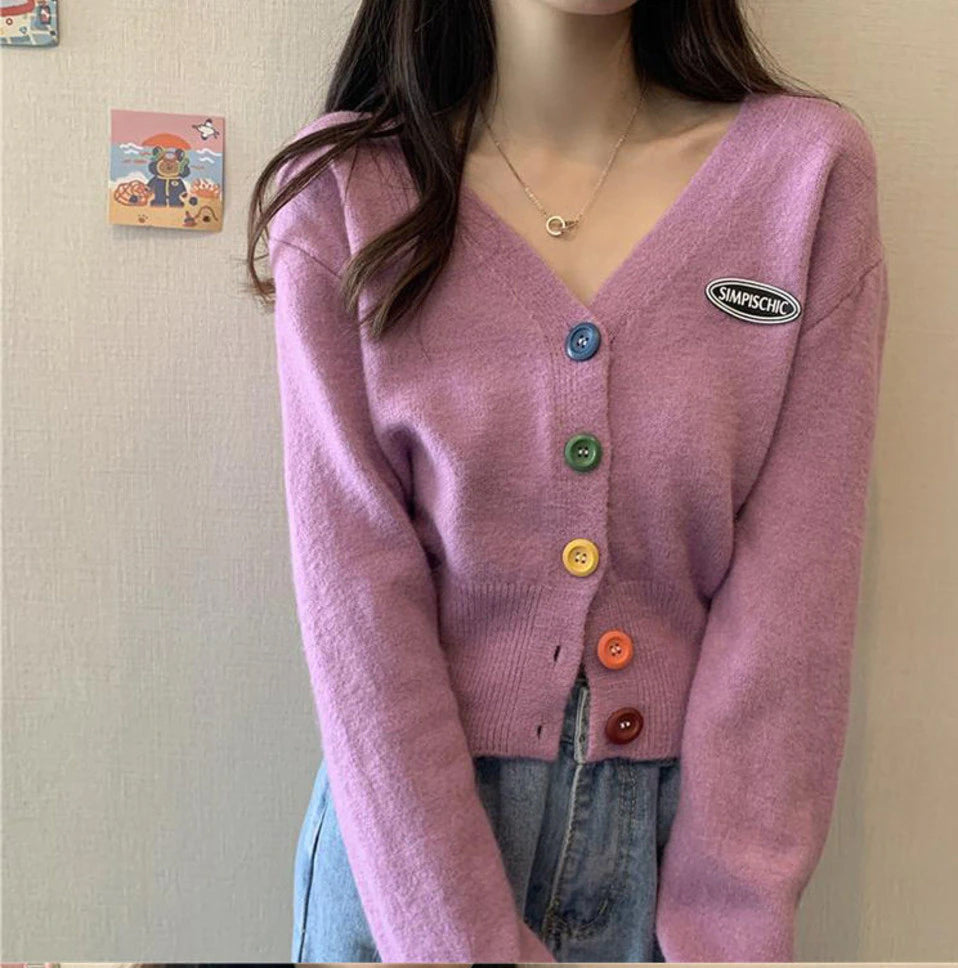 Colorful Button V-Neck Cardigan Sweater