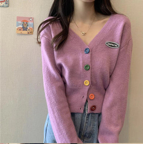 Colorful Button V-Neck Cardigan Sweater