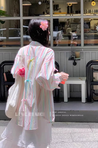 Long Sleeve Rainbow Striped With Cute Bow Blouse Shirt