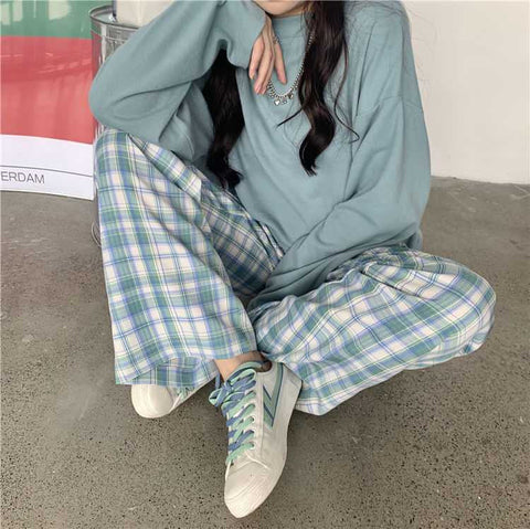 Loose Wide Leg Plaid Casual Pants