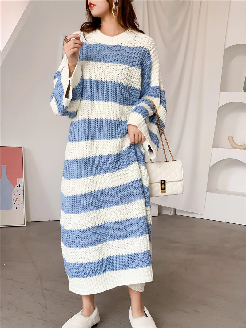 Loose Long Striped Crew Neck Knitted Dress