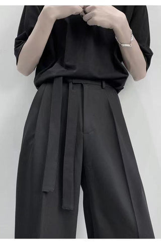 High Waist Loose Belted Straight Long Pants
