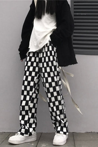 Checkerboard Pattern Wide Leg Pants