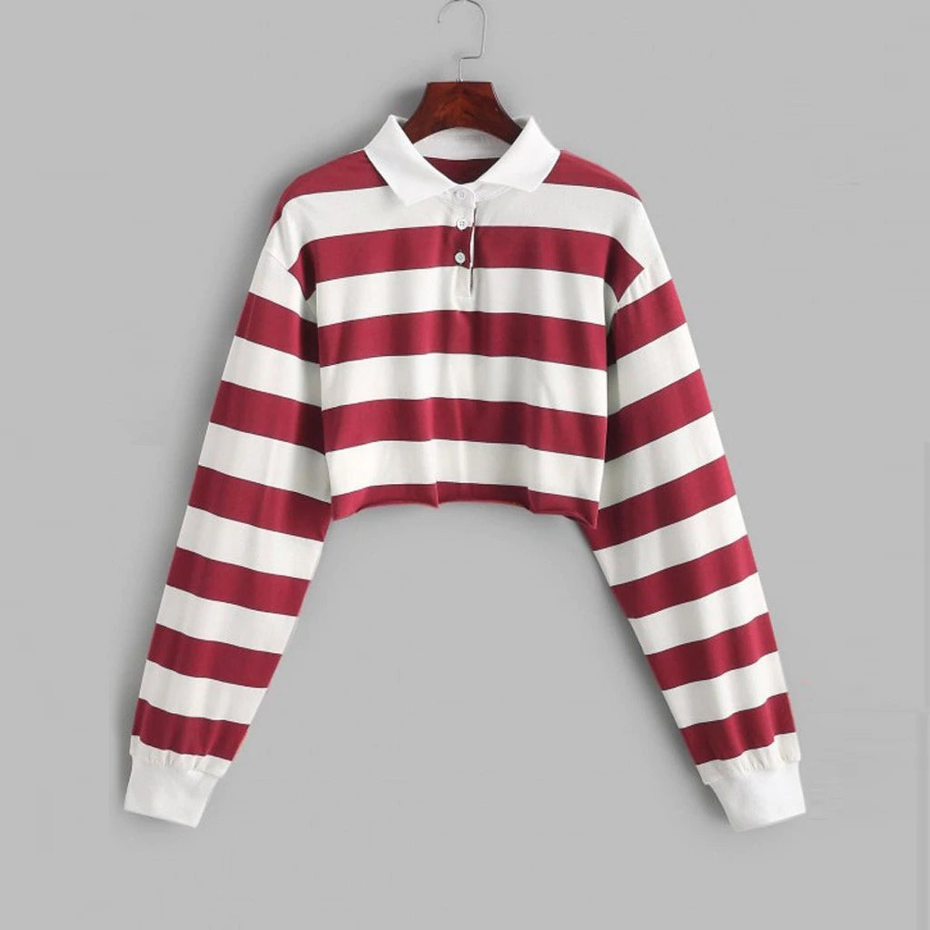 Colors Striped Long Sleeve Collar Cropped Shirt