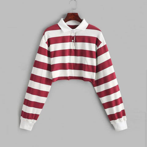 Colors Striped Long Sleeve Collar Cropped Shirt