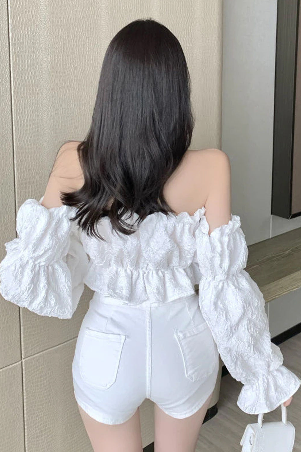 Long Sleeve Sexy Slash Neck Folds Cropped Shirt