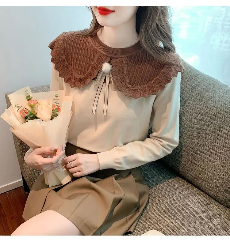 Bow Spliced Peter Pan Collar Slim Sweater