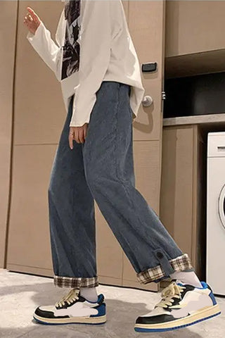 High Waist Back Side Plaid Corduroy Long Pants