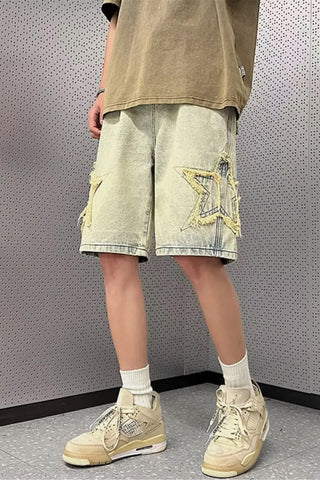 Stars Patchwork Retro Washed Denim Shorts