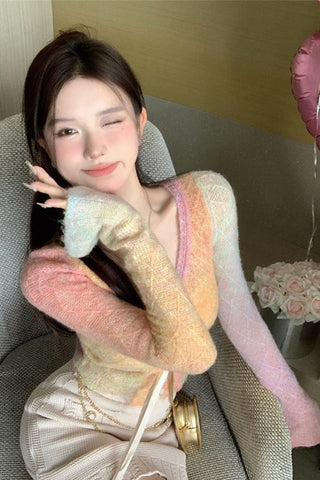 Cute Flare Sleeve Gradient Colors Cardigan Sweater