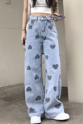 Pantalones vaqueros largos con estampado de corazones y cintura alta 