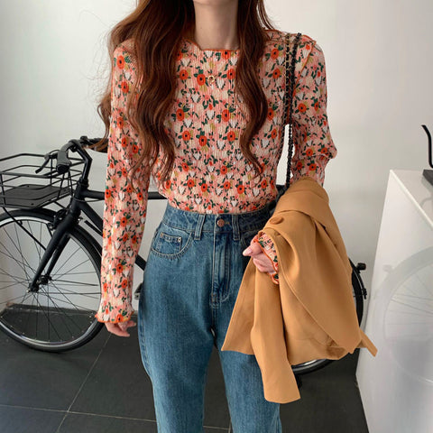 Langärmliges Basic-Chiffonhemd mit Retro-Blumenmuster 