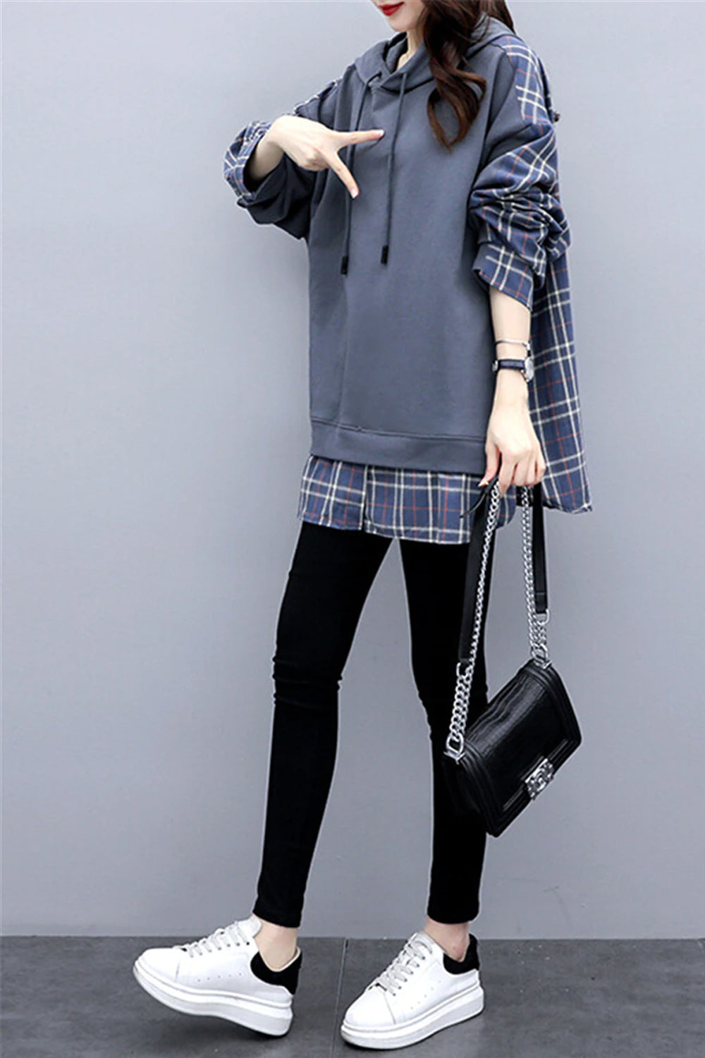 Casual Two Piece Plaid Style Hooded Sweatshirt