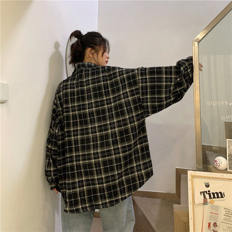 Long Sleeve Retro Thicken Plaid Loose Shirt