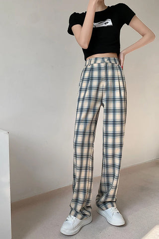 High Waist Plaid Elegant Long Pants