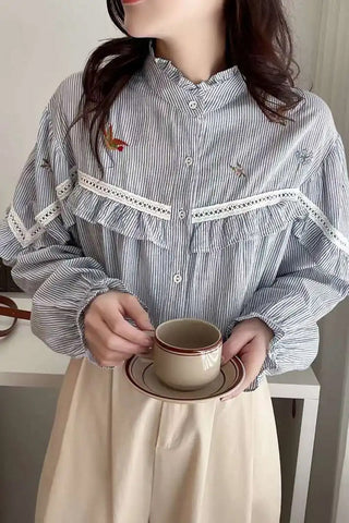 Long Sleeve High Neck Striped Blouse Shirt