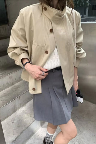 Solid Stand Collar Style Button Basic Coat Jacket